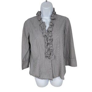 Talbots Navy Pinstriped 3/4 Sleeve Ruffled Neck Blouse Size 6